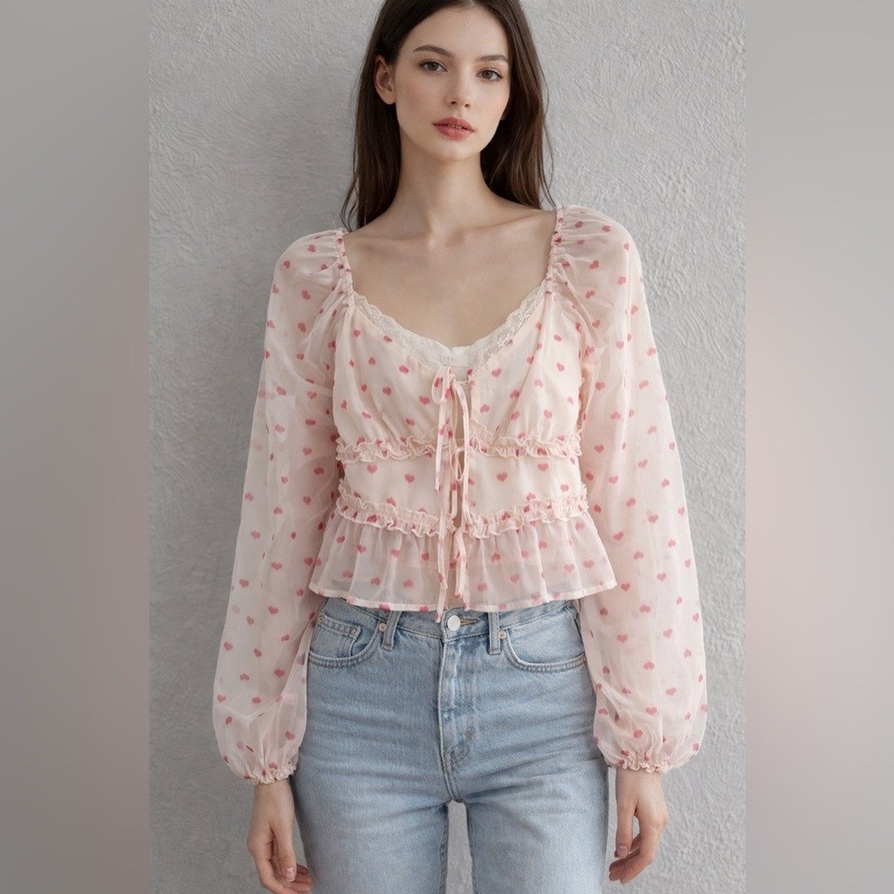 Lush Sheer Pink Heart Print Ruffle Tie-Front Blouse | Small